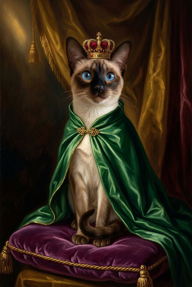 猫（バリニーズ）のルネサンス風肖像画 油絵風アートA4額装インテリア