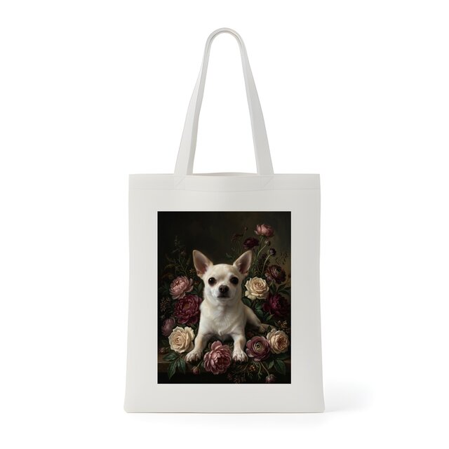 犬（チワワ）トートバッグ 花の油絵風アート キャンバス地 | iichi