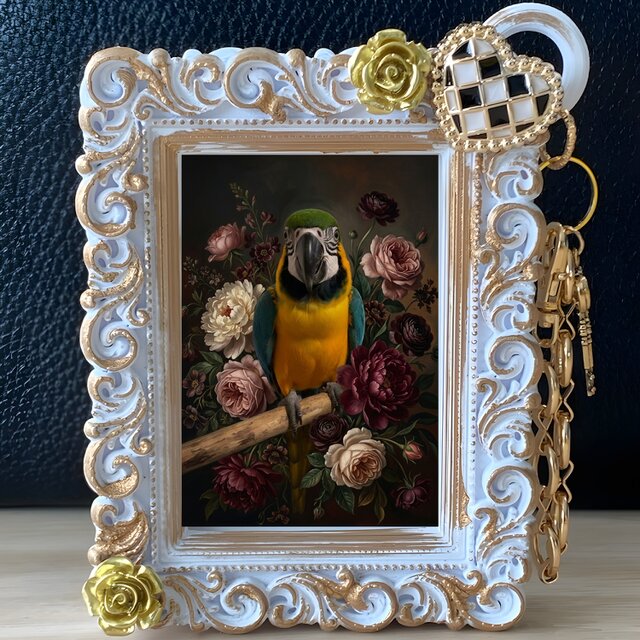 インコ（ルリコンゴウインコ）バッグチャーム 花の油絵風アート