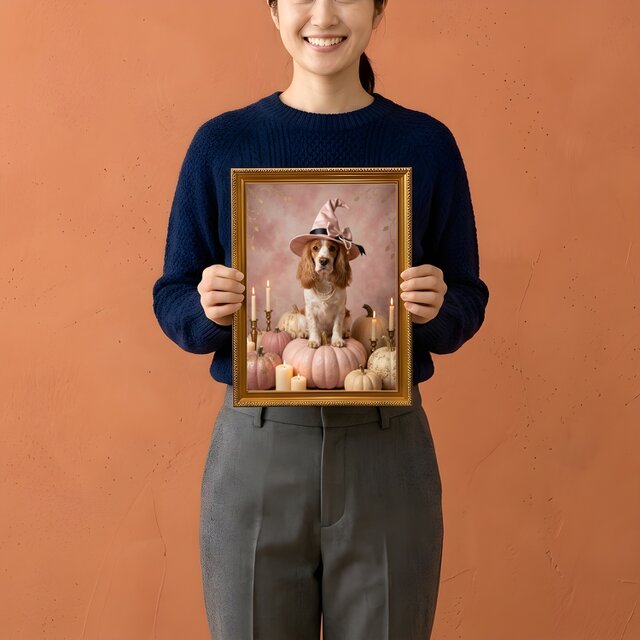 犬（コッカースパニエル）のハロウィン限定アート A4金縁額装