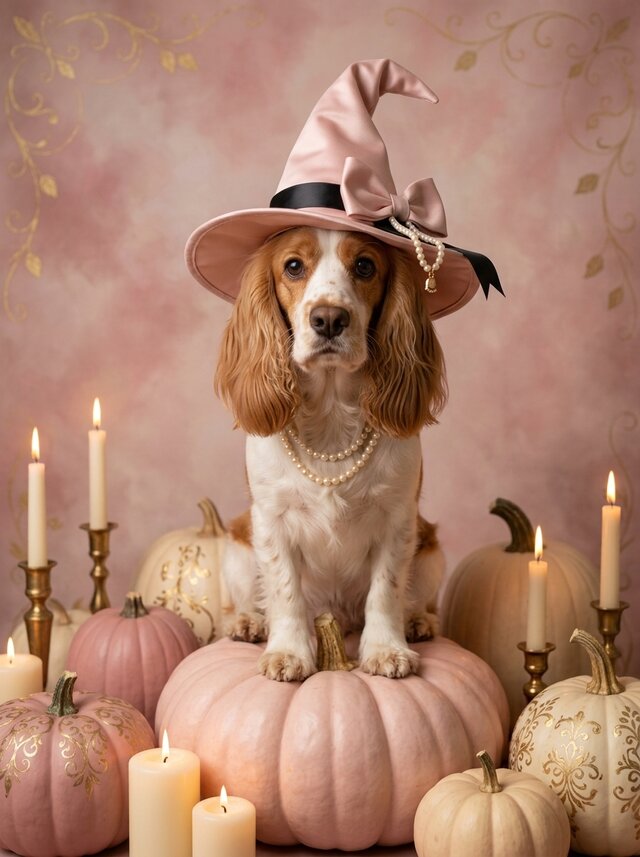 犬（コッカースパニエル）のハロウィン限定アート A4金縁額装