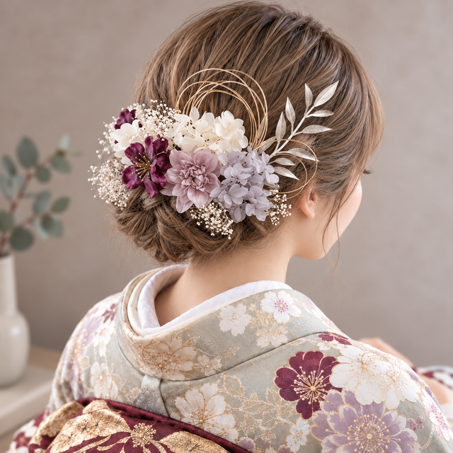 紫　和装髪飾り　成人式髪飾り　振袖髪飾り　結婚式髪飾り　色打掛髪飾り 髪飾り 紫系フラワーの髪かざり 成人式 卒業式 結婚式 振袖 着物 和装