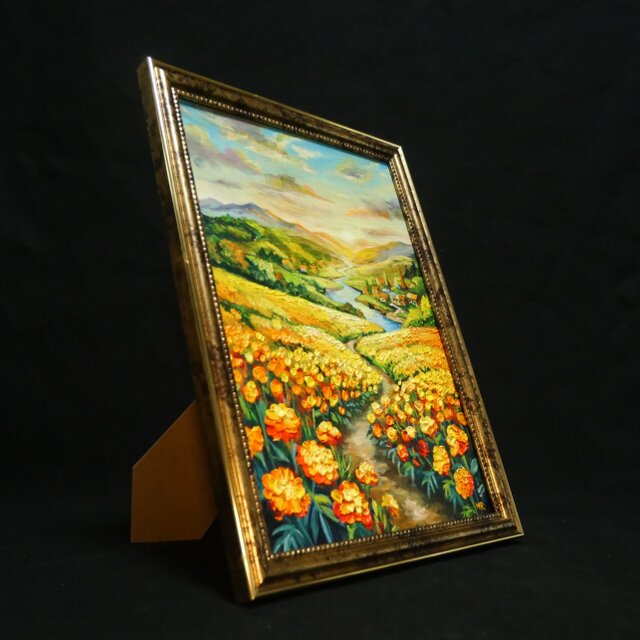 油彩画 原画『黄金に染まる至福の小道 〜マリーゴールドの郷愁〜』A4判