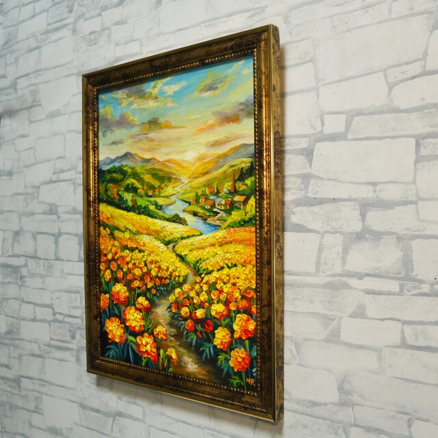 油彩画 原画『黄金に染まる至福の小道 〜マリーゴールドの郷愁〜』A4判