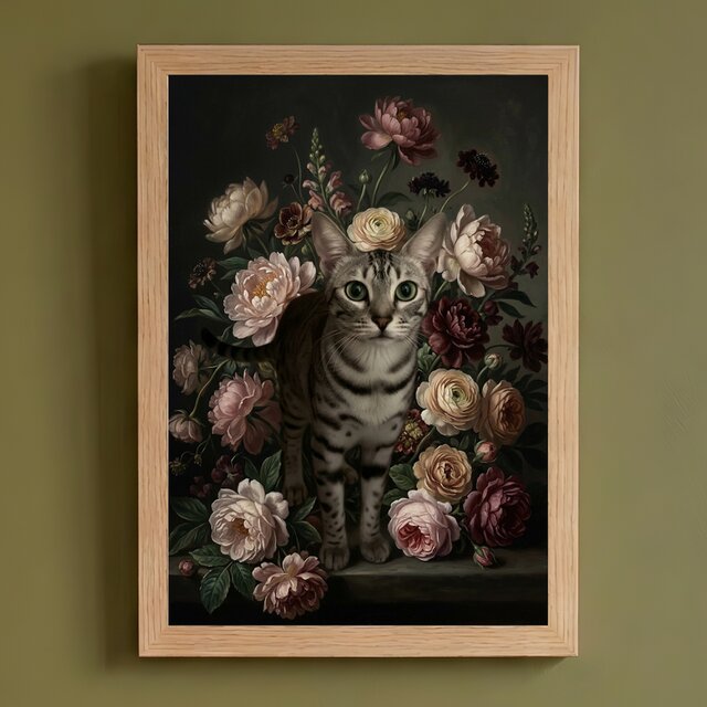 猫（エジプシャンマウ）の花に囲まれた油絵風アート A4額装インテリア