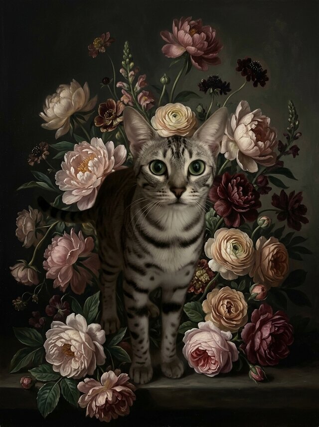 猫（エジプシャンマウ）の花に囲まれた油絵風アート A4額装インテリア