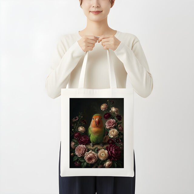 インコ（コザクラインコ）トートバッグ 花の油絵風アート キャンバス地