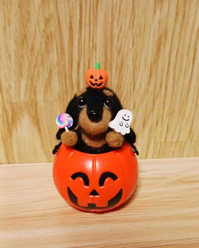 羊毛フェルト ハロウィン ダックスフンド 頭にかぼちゃ可愛いね