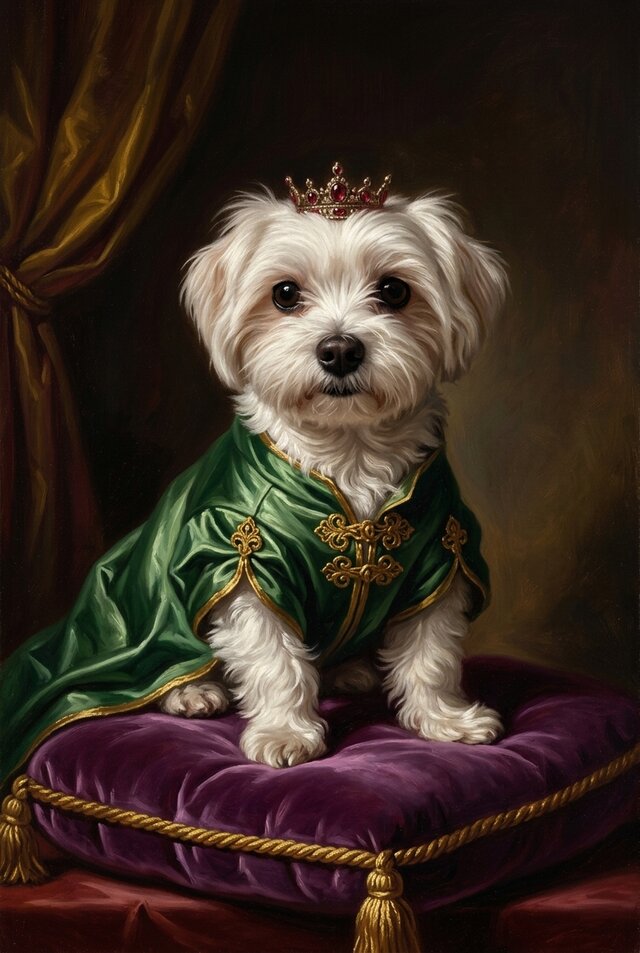 犬（マルチーズ）のルネサンス風肖像画 油絵風アートA4額装インテリア