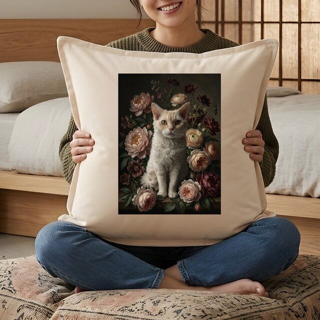 猫（セルカークレックス）クッション 45cm 花の油絵風カラーアート