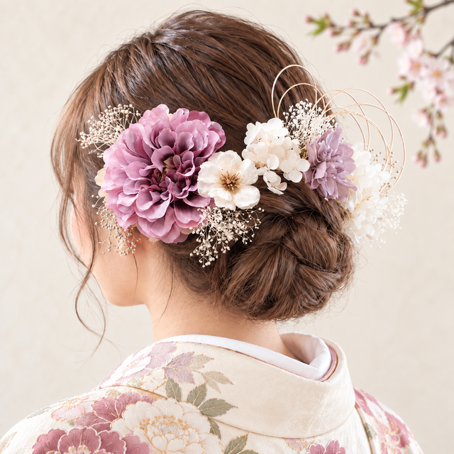 髪飾り No P55ライラックカラーのダリアと林檎の花の髪かざり 紫 成人
