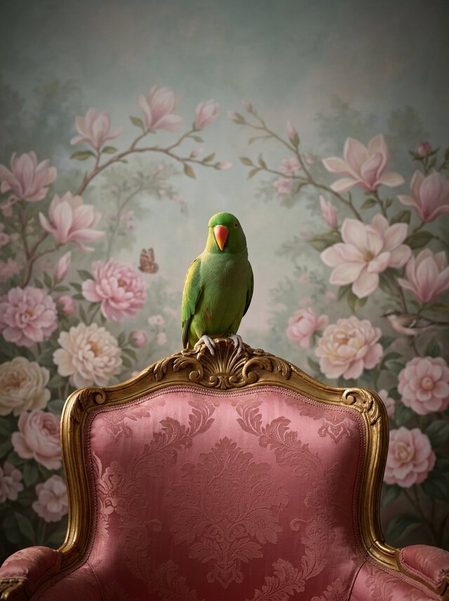 インコ（オオハナインコ）のロココ調シャビーピンクアート A4額装