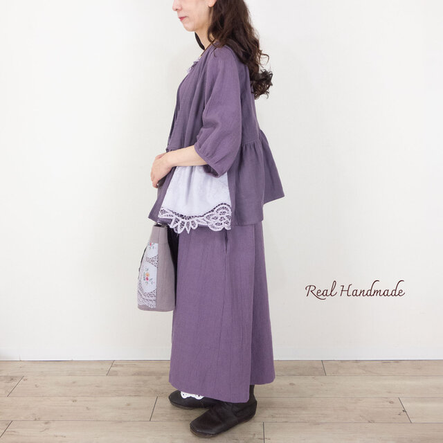 予約販売] モーブワッシャーハーフリネン 刺繍フリル ピンタックパフ