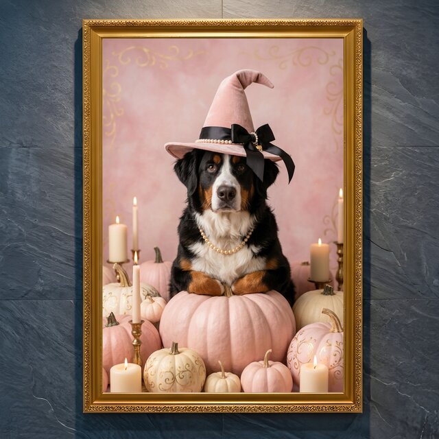 犬（バーニーズマウンテンドッグ）のハロウィン限定アート A4金縁額装