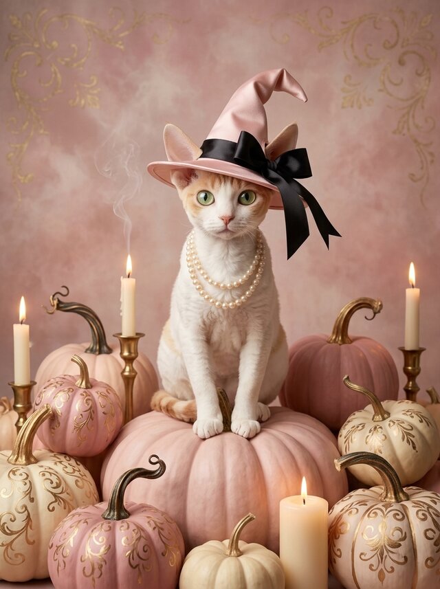 猫（デボンレックス）のハロウィン限定アート A4金縁額装インテリア