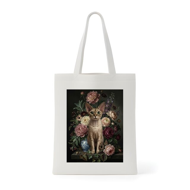 猫（デボンレックス）トートバッグ 花の油絵風アート キャンバス地