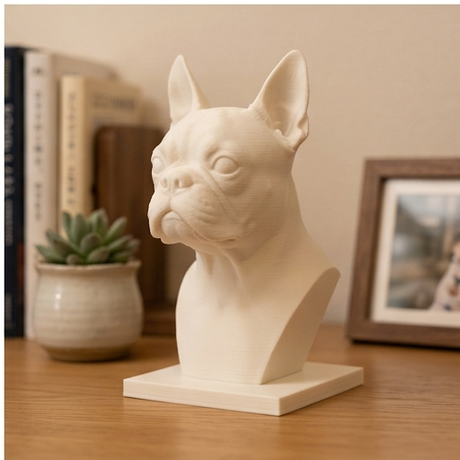 犬（ボストンテリア）の3Dプリント胸像 白PLA 彫刻 置物 インテリア
