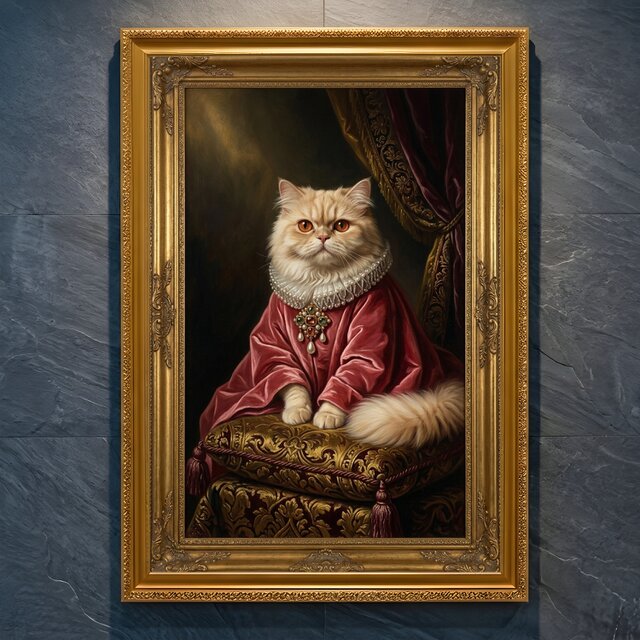 猫（ペルシャ猫）のルネサンス風肖像画 油絵風アートA4金縁額装