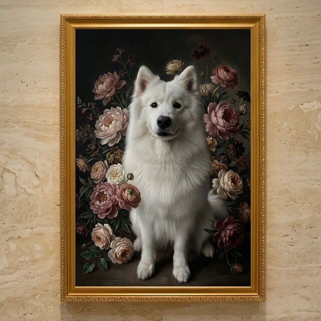 犬（サモエド）の花に囲まれた油絵風アート A3額装インテリア壁掛け