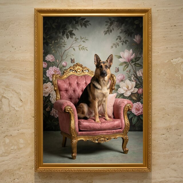 犬（ジャーマンシェパード）のロココ調アート A3額装インテリア壁掛け