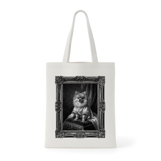 犬（ポメラニアン）トートバッグ ルネサンス風モノクロアート 額縁