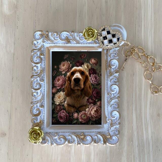 犬（コッカースパニエル）バッグチャーム 花の油絵風アート ホワイト