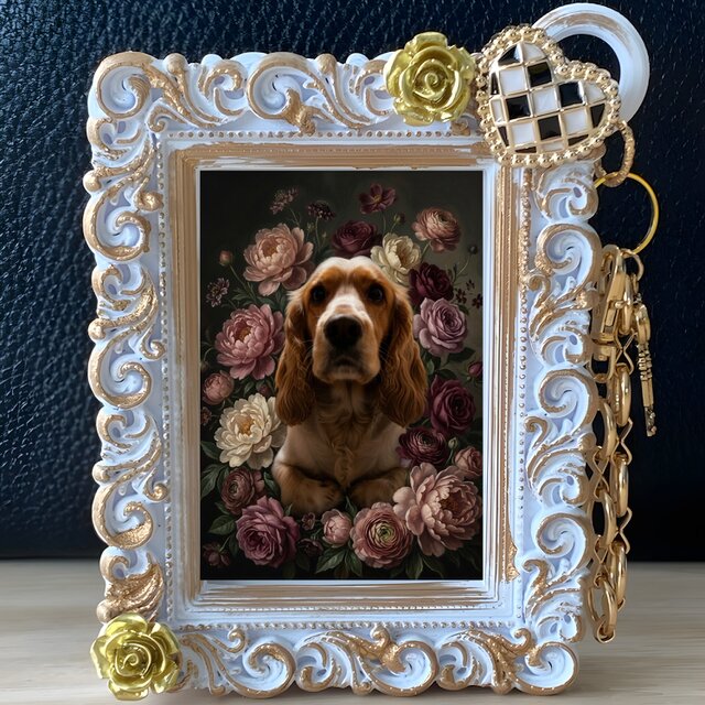 犬（コッカースパニエル）バッグチャーム 花の油絵風アート ホワイト