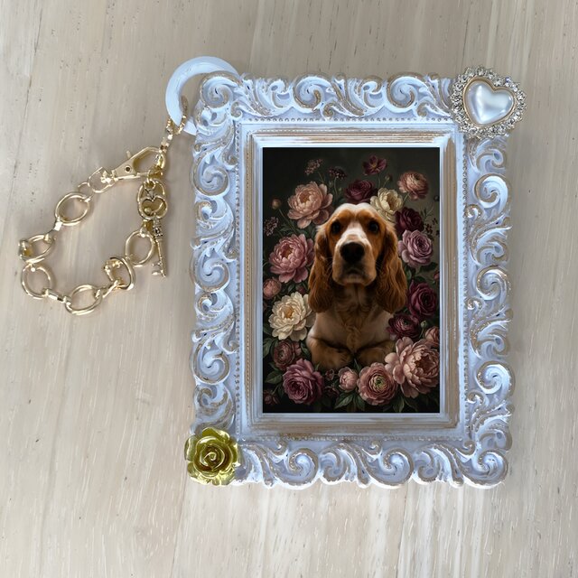 犬（コッカースパニエル）バッグチャーム 花の油絵風アート ホワイト