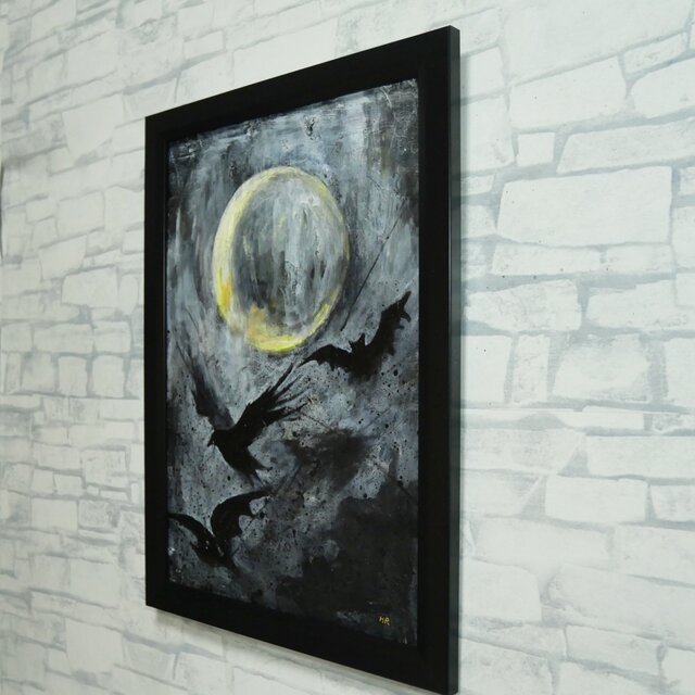 原画】油彩画 『Lunar Eclipse』 満月と漆黒の翼 | A4黒額縁・ギフト