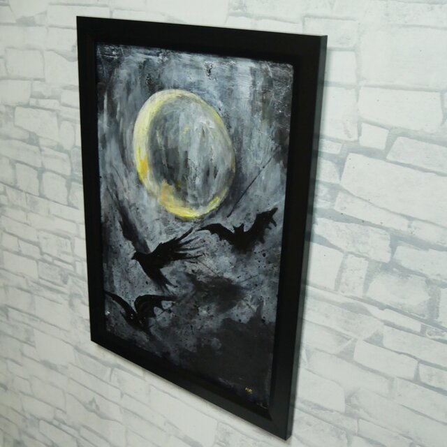 原画】油彩画 『Lunar Eclipse』 満月と漆黒の翼 | A4黒額縁・ギフト