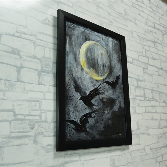 原画】油彩画 『Lunar Eclipse』 満月と漆黒の翼 | A4黒額縁・ギフト
