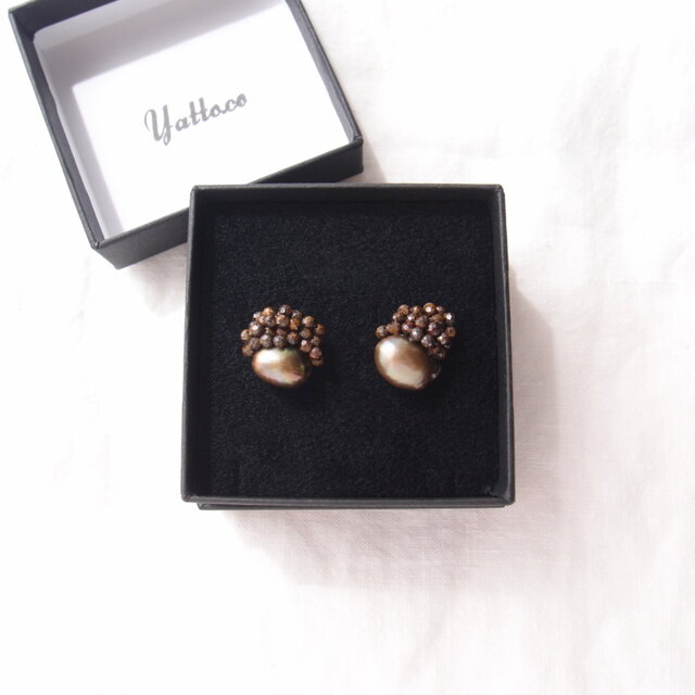 天然石刺繍／ピアス】 Baroque Pearl × Bronzite Earrings | iichi