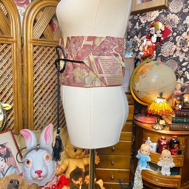 名古屋帯リメイク サッシュベルト 臙脂ローズ×金茶 和洋折衷 L〜LL ROB