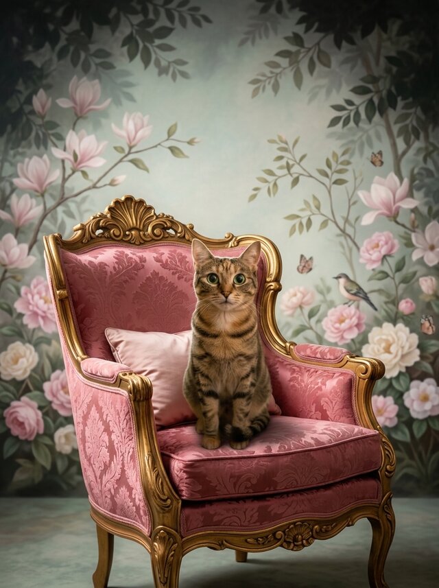 蛸のペインティング　額装　縁起物 猫のロココ調シャビーピンクアート A4金縁額装インテリア壁掛け