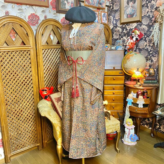 着物リメイク ロングワンピース 帯ベルト 更紗調 和洋折衷 KW-1495