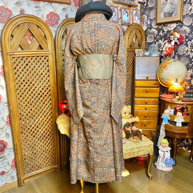 着物リメイク ロングワンピース 帯ベルト 更紗調 和洋折衷 KW-1495
