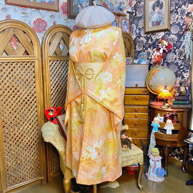 着物リメイク ワンピース 洗える化繊 帯サッシュベルト 花柄 桃橙色 KW