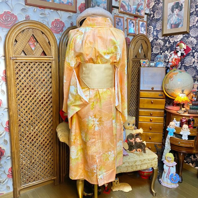 着物リメイク ワンピース 洗える化繊 帯サッシュベルト 花柄 桃橙色 KW