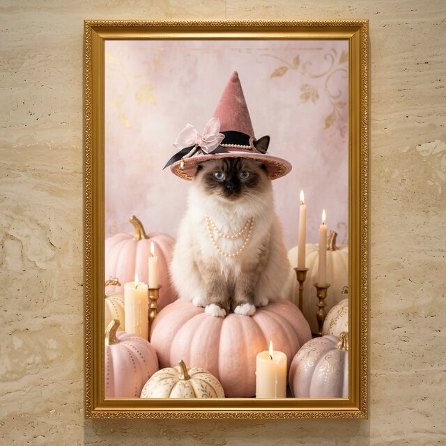 猫（ヒマラヤン）のハロウィン限定アート A3額装インテリア壁掛け
