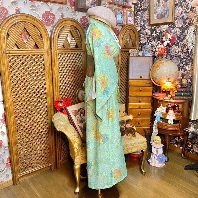 着物リメイク ロングワンピース 洗える化繊 帯サッシュベルト 淡緑花柄