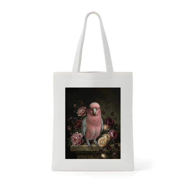 インコ（モモイロインコ）トートバッグ 花の油絵風アート キャンバス地