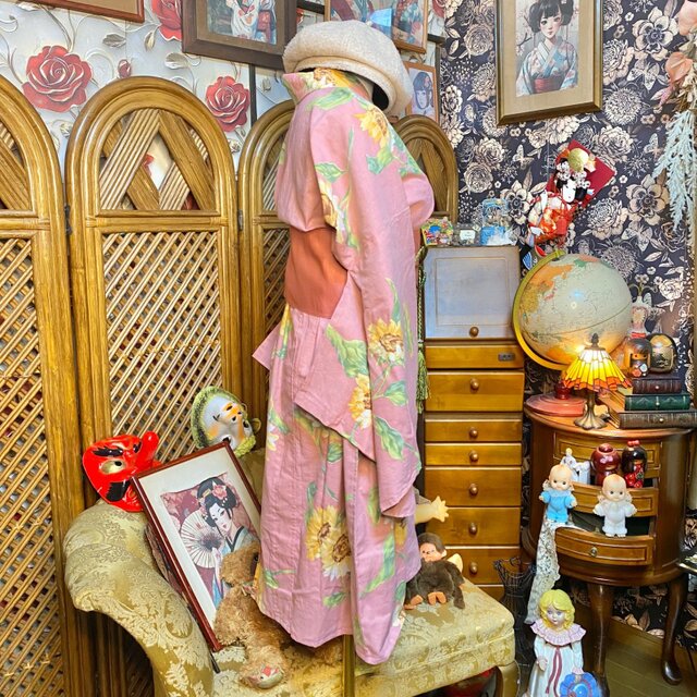 浴衣リメイク ロングワンピース 綿100％ 向日葵柄 帯ベルト 和洋折衷 W