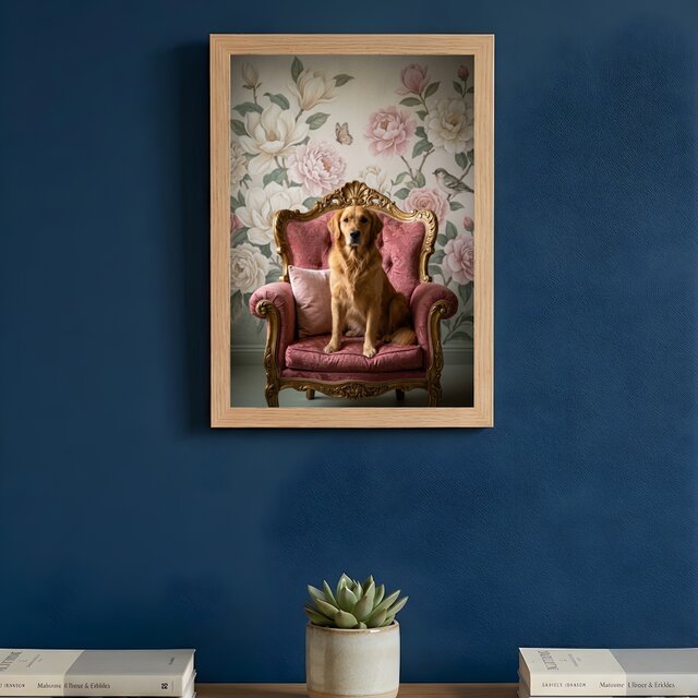 犬の絵画 アート作品 額縁付きA4サイズ 犬（ゴールデンレトリバー）のロココ調アート A4額装インテリア壁掛け