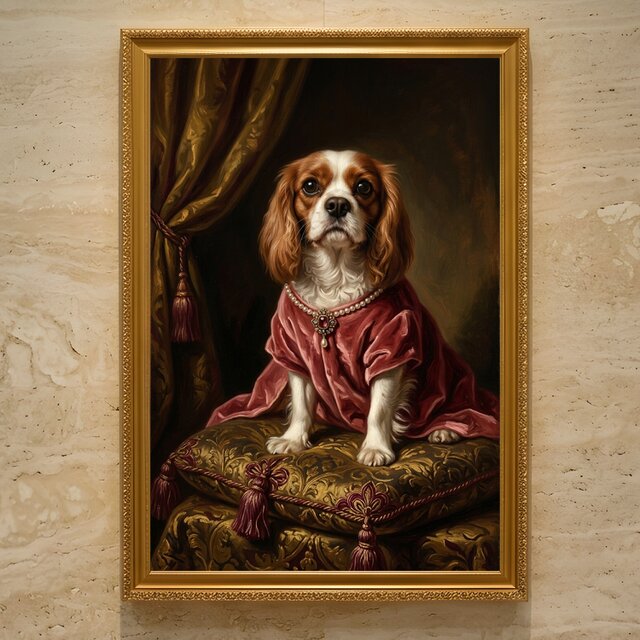 犬（キャバリア）のルネサンス風肖像画 油絵風アートA3額装インテリア