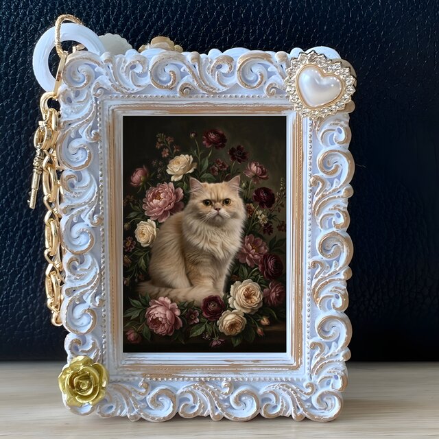 猫（チンチラペルシャ）バッグチャーム 花の油絵風アート ホワイト額縁