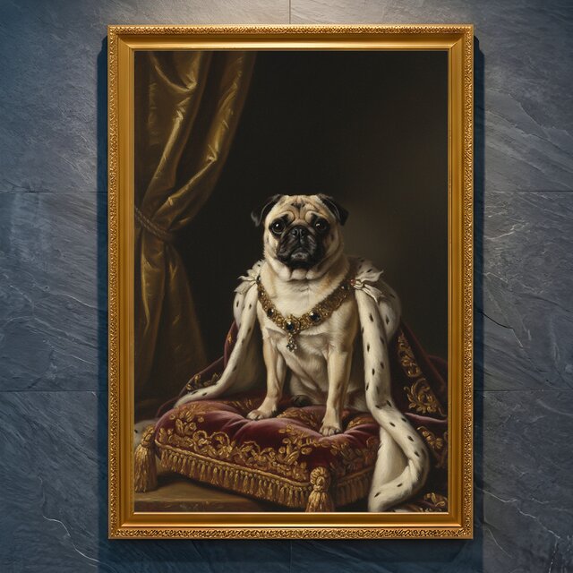 絵画 犬 art dog 美術品 犬の絵 ブルドッグ パグ 犬の置物 犬雑貨 犬（パグ）のルネサンス風肖像画 油絵風アートA4金縁額装インテリア