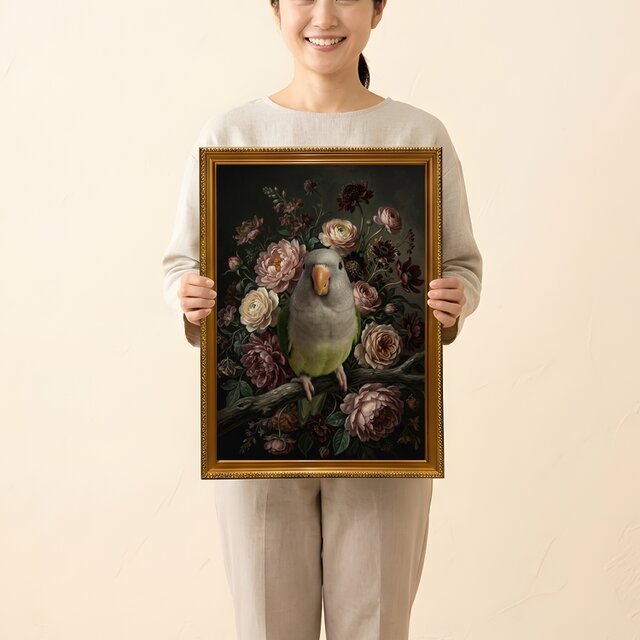 インコ（オキナインコ）の花に囲まれた油絵風アート A3額装インテリア