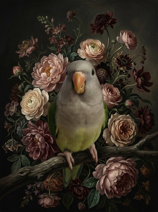 インコ（オキナインコ）の花に囲まれた油絵風アート A3額装インテリア