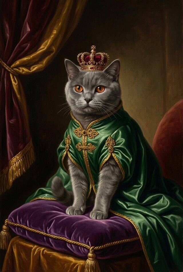 猫（ブリティッシュショートヘア）のルネサンス風肖像画 A4額装