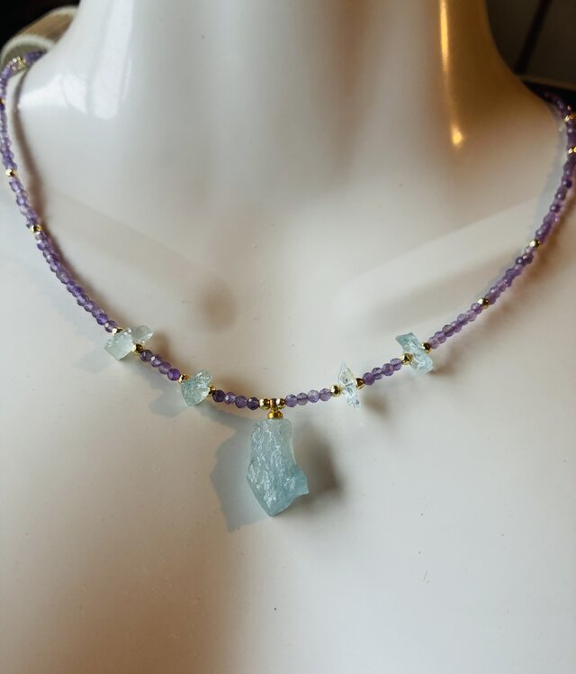 14KGF*Aquamarine & Amethyst Statement Necklaceアクアマリン原石と